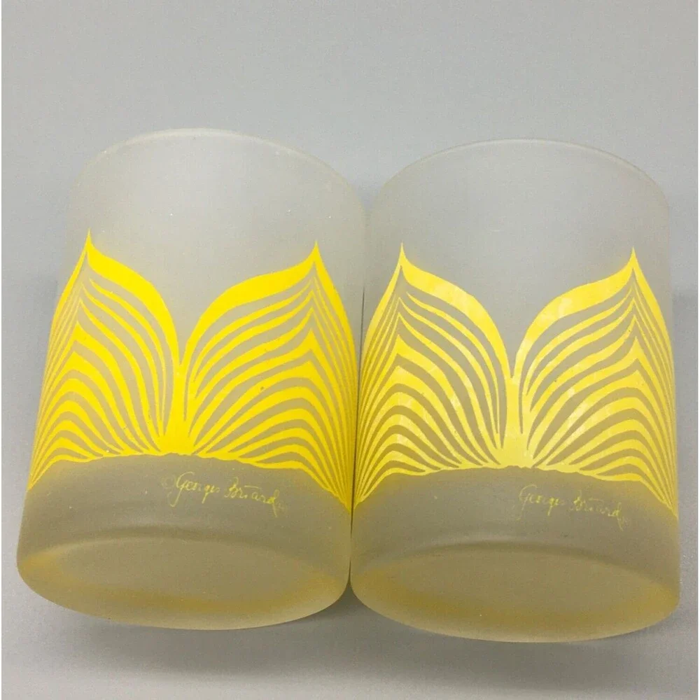 Vintage Georges Briard Low Ball Old Fashion Glasses MCM Pair Frost Clear Yellow